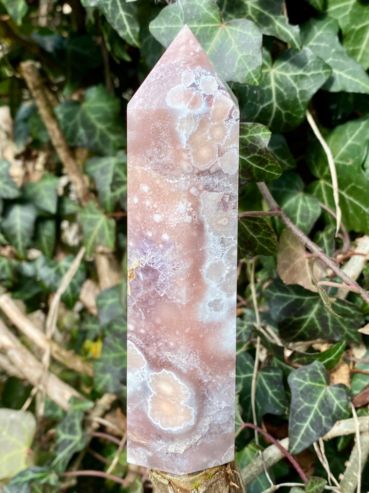 Pointe Améthyste rose & Agate fleurs