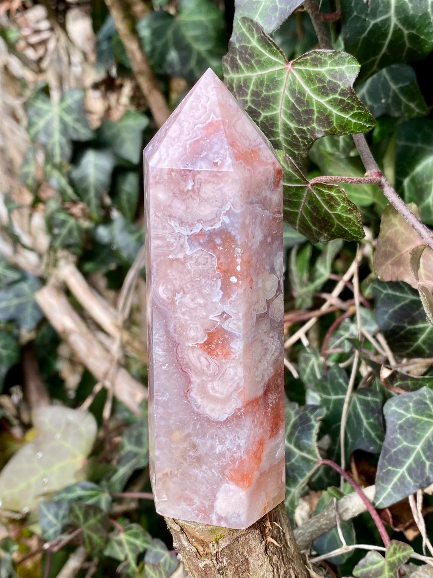 Pointe Améthyste rose & Agate fleurs
